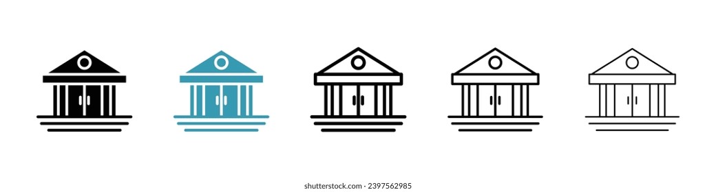 Conjunto de ilustraciones vectoriales del instituto financiero. Símbolo de construcción del gobierno. Señal del campus de la escuela pública. Icono de la justicia judicial de color negro.