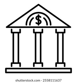 Financial institution and banking round line vector icon with editable stroke, representing banking services, financial institutions, transactions, loans, and economic services