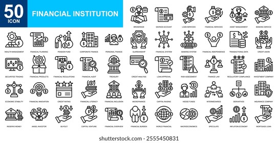 Financial Institution icon collection set. Bank management, business management, business center, corporate governance, macroeconomics icon. Simple line vector.