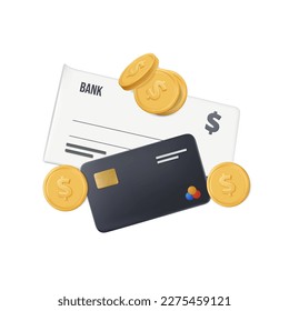 Financial instruments 3D icons set, plastic credit debit card, bank cheque, checkbook, coins. Personal money, cash and cashless finance, payment methods. 3D render vector illustration isolated white