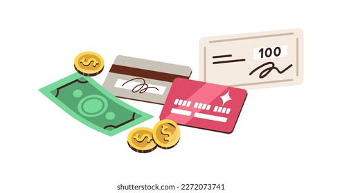 Financial instruments. Credit debit cards, bank cheque, banknote, coins. Cash and cashless finance, money. Different paying, payment methods. Flat vector illustration isolated on white background.