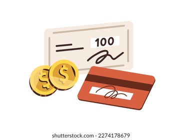 Financial instruments, plastic credit debit card, bank cheque, checkbook, coins. Personal money, cash and cashless finance, payment methods. Flat vector illustration isolated on white background