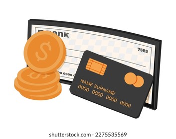 Financial instruments, plastic credit debit card, bank cheque, checkbook, coins. Personal money, cash and cashless finance, payment methods. Flat vector illustration isolated on white background