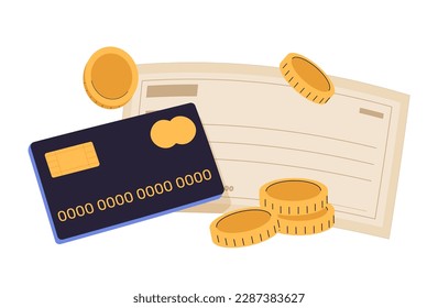 Financial instruments, plastic credit debit card, bank cheque, checkbook, coins. Personal money, cash and cashless finance, payment methods. Flat vector illustration isolated on white background