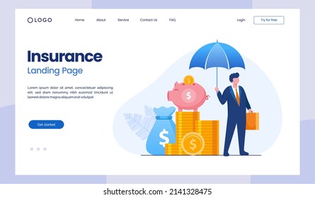 Financial insurance, agent insurance protection concept, umbrella, landing page flat illustration vector template banner