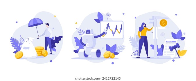 Financial insurance and AI flat concept vector illustrations set. Law regulation of money technology cartoon composition. Business opportunity creative idea for website, mobile, presentation