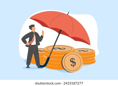 Financial insurance. Character protects finances by insurance against loss of money. Business and finance concept. Vector illustration.