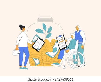 Financial insurance. Elderly couple with money and agent advice. Retirement savings protect. Pension plan. Moneybox for family. Older adult with investment security. Vector flat illustration.