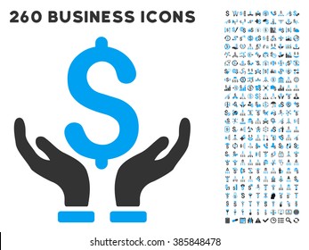 Financial Insurance Hands icon within 260 vector business pictogram set. Style is bicolor flat symbols, light blue and gray colors, white background.