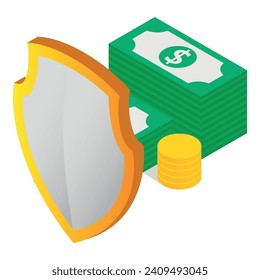 Financial insurance icon isometric vector. Dollar bill and coin behind shield. Business insurance, protecting money