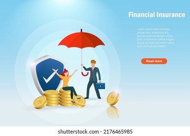 Financial insurance, money deposit protection concept. Woman sit on gold coins with insurance agent hold red umbrella and field protection.