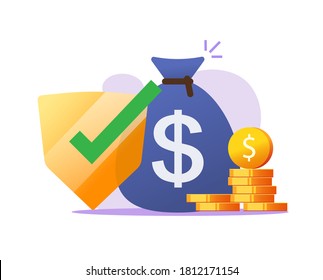 Financial insurance money protection guarantees, cash secure investment, savings safety check vector flat icon, currency wealth shield, deposit banking coverage trust guard concept icon