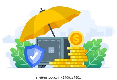 Financial insurance, Money protection, Secure cash investment concept flat illustration, Trust guarantees, Low-risk investments, Protection of valuable assets
