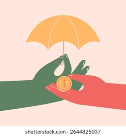 Financial Insurance, money saving.capital protection, security. Hand with open umbrella guarding hand with coin. Vector illustration