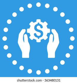 Financial Insurance Options vector icon. Style is flat circled symbol, white color, rounded angles, blue background.
