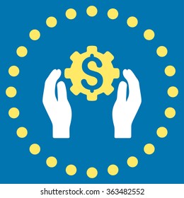 Financial Insurance Options vector icon. Style is bicolor flat circled symbol, yellow and white colors, rounded angles, blue background.