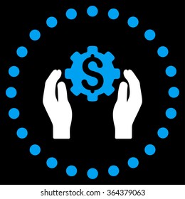 Financial Insurance Options vector icon. Style is bicolor flat circled symbol, blue and white colors, rounded angles, black background.