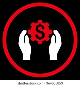 Financial Insurance Options vector icon. Style is bicolor flat circled symbol, red and white colors, rounded angles, black background.