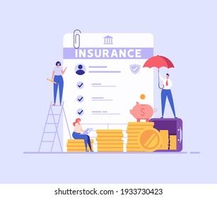 Financial Insurance. People Saving Money And Protecting Bank Deposit. Safety Investment. Concept Of Money Protection, Guarantee. Financial Saving Insurance. Vector Illustration In Flat Design