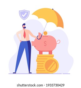 Financial Insurance. People Saving Money And Protecting Bank Deposit. Safety Investment. Concept Of Money Protection, Guarantee. Financial Saving Insurance. Vector Illustration In Flat Design