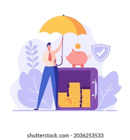 Financial insurance. People saving money and protecting bank deposit. Safety investment. Concept of money protection, guarantee. Financial saving insurance. Vector illustration in flat design