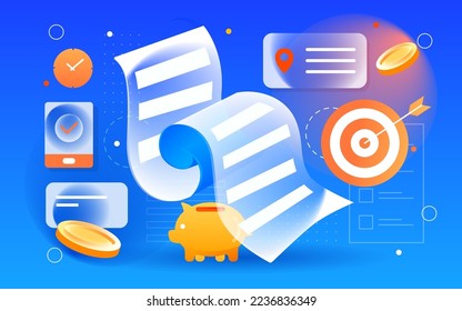 Financial insurance policy, annual bill for investment and financial management, with mobile phone and various data in the background, vector illustration