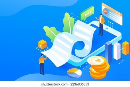Financial insurance policy, annual bill for investment and financial management, with mobile phone and various data in the background, vector illustration