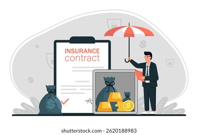Cenário do contrato de apólice de seguro financeiro. Homem economizando dinheiro e protegendo depósito bancário com seguro guarda-chuva. Investimento em segurança. Conceito de proteção monetária, garantia. Ilustração de vetor plano.