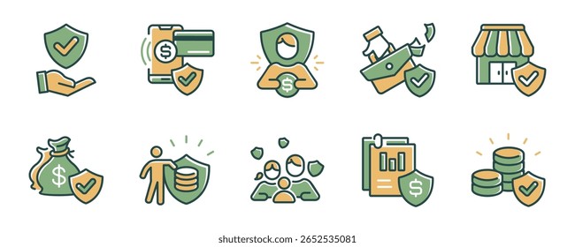 marca de verificação de escudo de seguro financeiro ícone linha definir proteção de patrimônio da empresa proteção de ativo escudo sinais vetor ilustração financiamento garantia de risco símbolo design