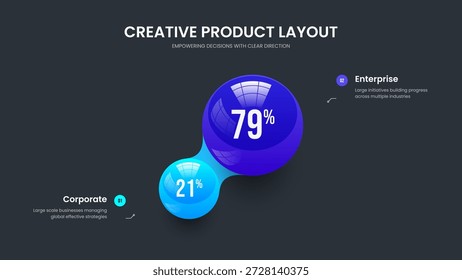 Vorlage für eine Folie für ein Zweielementdiagramm für die Finanzeinführung. Vektorgrafik des Corporate Profile Frame Design. Company Performance 2 Option Infografik Slideshow Layout.