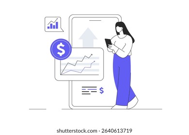 Financial investing money in stock market. Analyzing financial graphs, latest stock market news, data. Stock trading. Flat Cartoon Vector Illustration, icon. Stylish abstract design landing page
