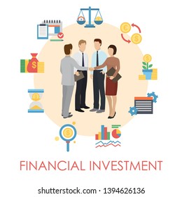 Financial investment banner, poster vector illustration. Earning money. Group of people discussing questions. Man and woman shaking hands. Business consultation and teamwork.