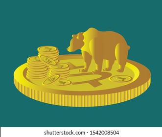 Financial investment in Bear Market Situation. . Lots money, finance business profits and wealth gold coin. Dollar coins  cash or banking currency investment heap  vector illustration