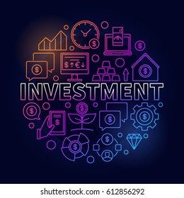 Financial investment colorful illustration. Vector round money and investing thin line bright symbol made with icons and word INVESTMENT on dark blue background