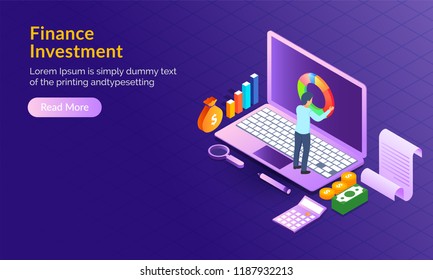Financial Investment concept, miniature businessman maintain financial data on laptop with infographic elements. Responsive web template design.