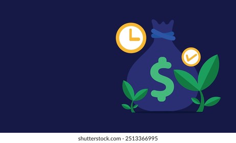 Financial investment concept vector banner design illustration with money bag, clock and plants icons all on a horizontal blue background. investment time and duration.