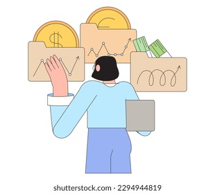 Financial investment. Creative concept of currency market movement. Bank deposit, profit finance. Money management or investment, trading, share purchase. Woman divide or split investments.