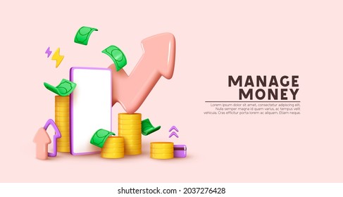 Financial investment  Creative concept market movement  Bank deposit  profit finance Manage money through your mobile phone  applications  Investment Cryptocurrency trend trading  3d Vector