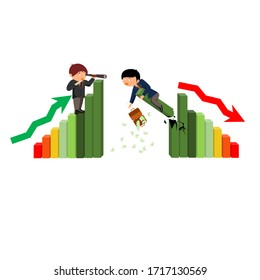 Financial investment forecasting. Business man stock market trading broker looking ahead through spyglass to find  investment risk and Market risk. Flat style vector character illustration.