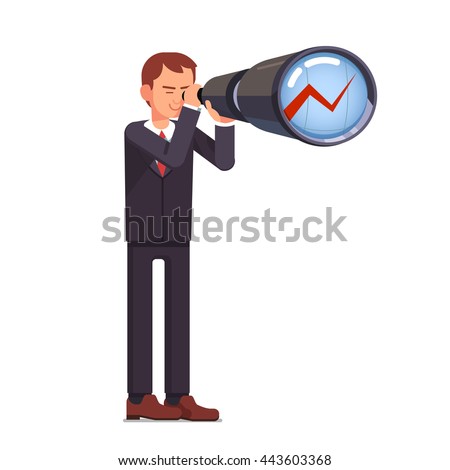 Financial investment forecasting. Business man stock market trading broker looking ahead through spyglass on a growth chart. Flat style vector character illustration.