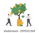 Financial and investment growth. Business investment profit concept. Businessman harvesting dollar coin from growing money tree. Woman watering growing money tree. Flat vector illustration.
