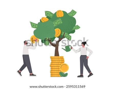 Financial and investment growth. Business investment profit concept. Businessman harvesting dollar coin from growing money tree. Woman watering growing money tree. Flat vector illustration.