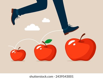 Financial and investment growth. Businessman jumping from small to the big apple. Flat vector illustration.