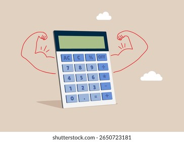 Crescimento financeiro e de investimento. Calculadora fazendo um gesto forte. Poder monetário. Alta estima. Taxas de juro, financeiras e hipotecárias. Conceito de gestão orçamental. Cálculo financeiro do dinheiro. Hora do imposto.