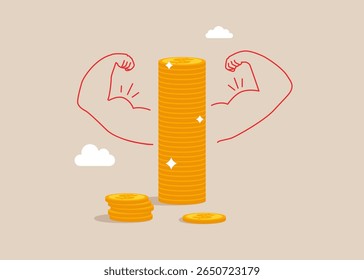 Crescimento financeiro e de investimento. Moedas fazendo um gesto forte. Poder monetário. Alta estima. Ilustração de vetor plano