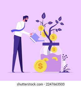 Financial or investment growth concept, businessman with watering can watering money plant increase earning profit and capital gain, success in wealth management