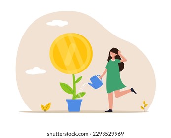 Financial or investment growth concept. Businesswoman investor finish watering growing money plant seedling with coin flower. Increase earning profit and capital gain, success in wealth management.