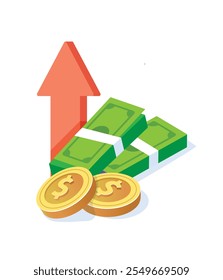 Financial investment growth icon stock illustration, flat golden coins pile with revenue graph, financial boost chart, success capital investment, cash budget isolated stock illustration