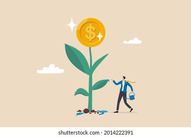 Financial or investment growth, increase earning profit and capital gain, success in wealth management concept, smart businessman investor finish watering growing money plant seedling with coin flower - Shutterstock ID 2014222391