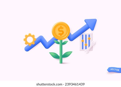 Crecimiento financiero o de la inversión, aumento de las ganancias por ingresos y las ganancias de capital, éxito en el concepto de gestión de la riqueza. Ilustraciones de vectores Web 3D.